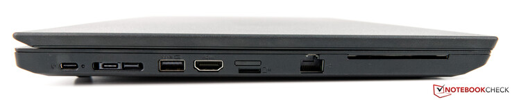 Lado izquierdo: USB Type-C Gen2, conector lateral (USB Type-C Gen1 y red), USB 3.1 Type-A, HDMI 1.4b, ranura para tarjetas nano-SIM, lector de tarjetas microSD, RJ45 LAN, lector de tarjetas inteligentes