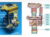 Fotografía y perfil transversal de Miniscope extra Large FOV (MiniXL). Fuente de la imagen: UCLA vía Science Advances; recortada