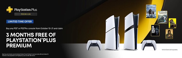 Los compradores que adquieran y activen una PS5 Pro o una PS5 entre hoy y el 21 de octubre obtendrán 3 meses de PlayStation Plus Premium. (Fuente de la imagen: PlayStation)