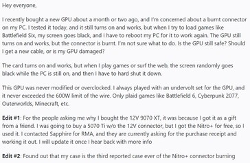 Fallo del conector 12VHPWR de la Sapphire Nitro RX 9070 XT. (Fuente de la imagen: r/pcmasterrace en Reddit)