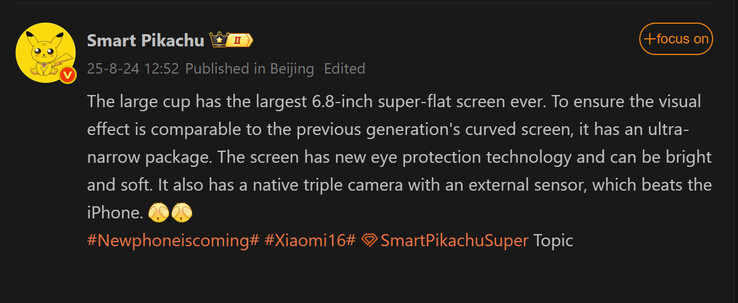 Informe de Smart Pikachu sobre el Xiaomi 16 Pro (Fuente de la imagen: Weibo - machine translated)