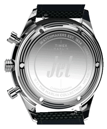 Vista posterior del Timex Marlin Jet Chronograph que muestra su fondo de caja de acero inoxidable