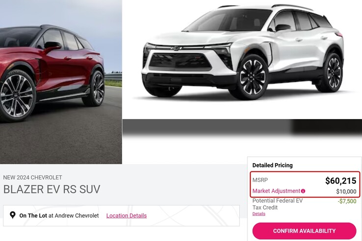 Muchos concesionarios aún no tienen listados los precios del Blazer EV, pero algunos de los que sí los tienen están añadiendo unos sobreprecios desorbitados. (Fuente de la imagen: Captura de pantalla, Andrew Chevrolet)