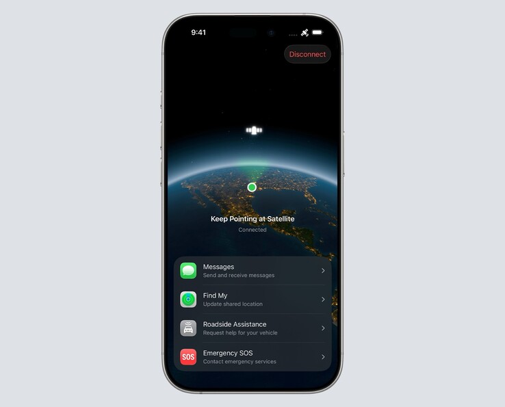 Ahora mismo, el iPhone sólo puede enviar mensajes de texto, la ubicación actual y hacer llamadas de emergencia vía satélite (Fuente de la imagen: Apple)