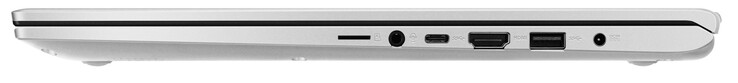 Lado derecho: Lector de tarjetas MicroSD, combo de audio, USB 3.2 Gen 1 (Tipo C), HDMI, USB 3.2 Gen 1 (Tipo A), alimentación