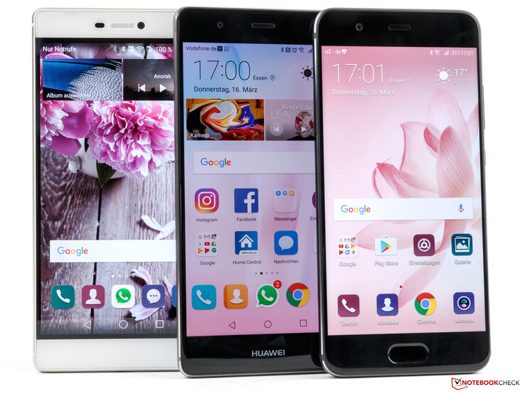 tercera generación (izquierda a derecha): Huawei P8, P9, y el nuevo P10.