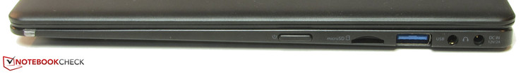 A la derecha: Botón de encendido, lector de tarjetas MicroSD, USB 3.1 Gen 1 Tipo A, conector de 3.5 mm, conector de alimentación