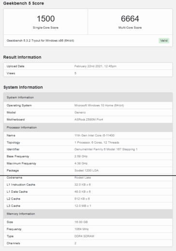 Ejecución de Geekbench del Intel Core i5-11400 (imagen vía Geekbench)