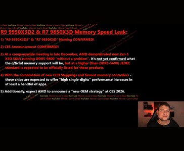 Diapositiva del vídeo Moore's Law Is Dead que resume las filtraciones en torno a las CPU AMD Zen 5 X3D, incluidas las pruebas de memoria DDR5-9800 de las que se ha informado y los planes para el CES 2026 (Fuente de la imagen: Moore's Law Is Dead / YouTube)