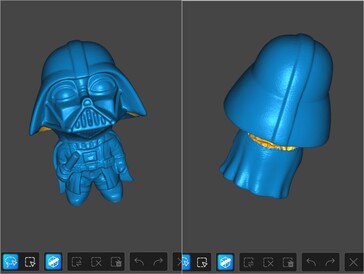Modelo 3D escaneado por láser azul de línea paralela de una figura de Darth Vader mayoritariamente negra