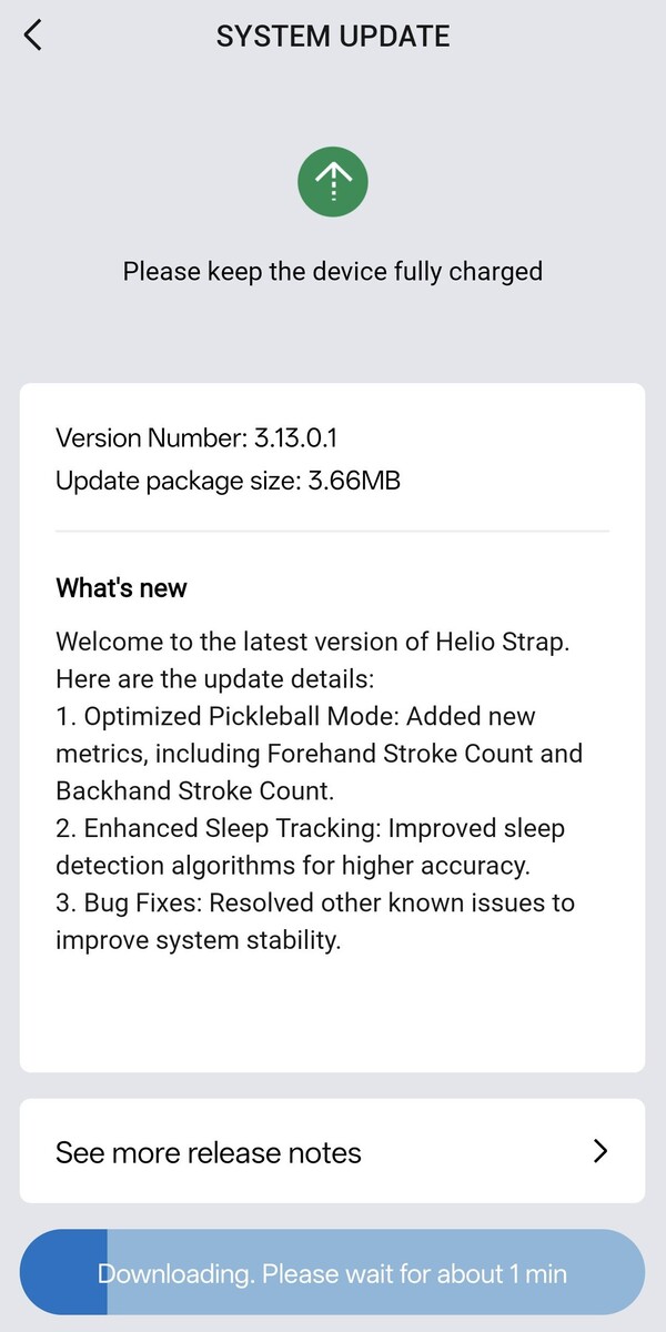 Las notas de la versión del firmware de la correa Helio de Amazfit v 3.13.0.1
