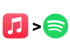 Apple Logotipo de música, un símbolo de mayor que y el logotipo de Spotify.