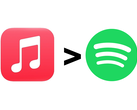 Apple Logotipo de música, un símbolo de mayor que y el logotipo de Spotify.