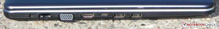 Lado izquierdo: puerto de carga, Gigabit Ethernet, VGA, HDMI, 1x USB Type-C 3.1 Gen 1, 2x USB Type-A 3.1 Gen 1