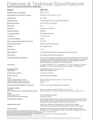 Dell 32 Curved 4K UHD S3221QS - Specifications. (Source: Dell)