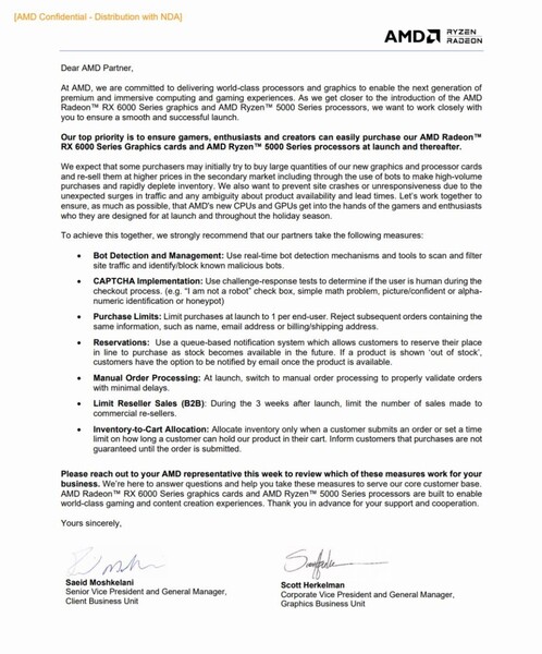 La carta que AMD hizo circular entre los socios de la junta directiva antes del lanzamiento de la serie RX 6000. (Fuente de la imagen: AMD)