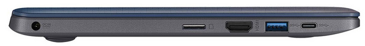 Lado izquierdo: entrada de alimentación, lector de tarjetas de memoria (MicroSD), HDMI, 2x USB 3.1 Gen 1 (1x tipo A, 1x tipo C)