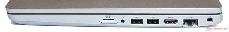 Lado derecho: Lector de tarjetas microSD (arriba), ranura para tarjetas SIM (abajo), 2x USB 3.2 Gen 1 Tipo-A, HDMI, Gigabit LAN, bloqueo de cable