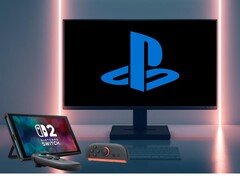Switch 2 junto al monitor de un PC con el logotipo de PlayStation (Fuente de la imagen: Nintendo of America, Sony PlayStation con ediciones)