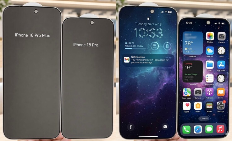 Los protectores de pantalla filtrados de la serie iPhone 18 Pro (izquierda) parecen más altos que sus homólogos de la serie iPhone 17 Pro. La filtración/rumor de una relación de aspecto de pantalla más alta aún no ha sido corroborada por otras fuentes.