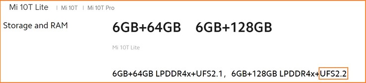 128 GB Mi 10T Lite con UFS 2.2. (Fuente de la imagen: Xiaomi UK)