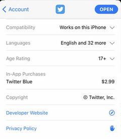 Twitter Blue, un nivel de pago de Twitter, podría estar en camino. (Imagen vía Jane Manchun Wong en Twitter)