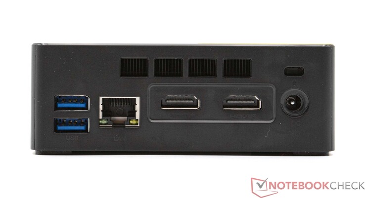 Parte trasera: 2x USB 3.2 Gen2 (10 Gbps), GBit-LAN, 2x HDMI (máx. 4K@60Hz), conexión a la red (12V 3.0A)