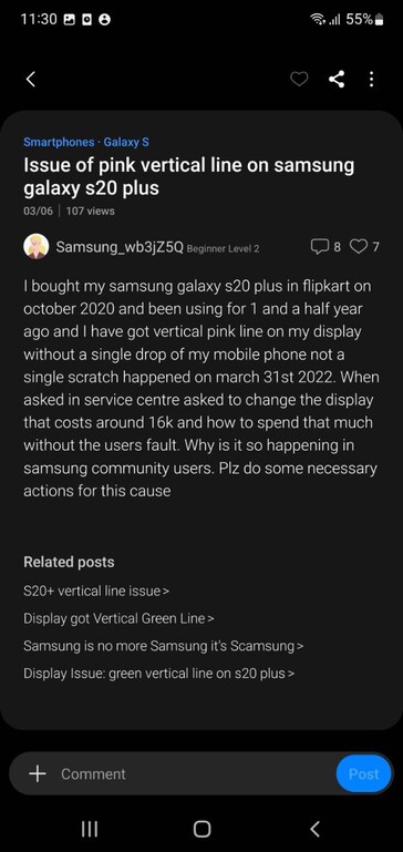 Los usuarios se quejan de los problemas de visualización de Galaxy S20 Plus en Samsung Members (imagen vía propia)