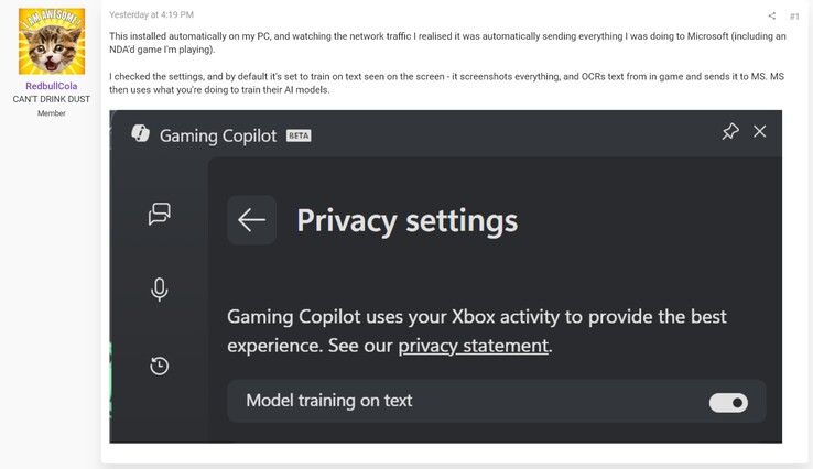 Preocupaciones por la privacidad de Gaming Copilot (Fuente de la imagen: captura de pantalla, foros de RedbullCola@ResetEra)