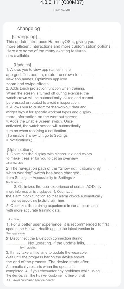 El registro de cambios de la versión de actualización 4.0.0.111(C00M07) para el Huawei Watch GT 3 Pro. (Fuente de la imagen: Huawei.blog/Google Translate)