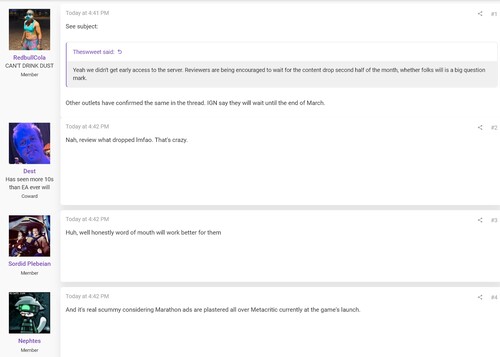 Mensaje en el foro de ResetEra sobre el retraso de la revisión de Marathon