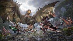 Los cazadores se enfrentan a un wyvern alado en combate cooperativo en Monster Hunter Outlanders. 