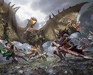 Los cazadores se enfrentan a un wyvern alado en combate cooperativo en Monster Hunter Outlanders. 