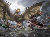 Los cazadores se enfrentan a un wyvern alado en combate cooperativo en Monster Hunter Outlanders. 