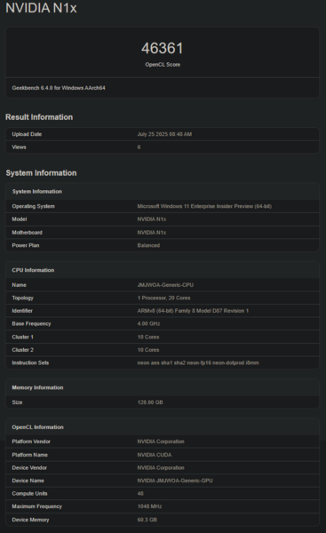 Rendimiento de la GPU Nvidia N1X en Geekbench (fuente de la imagen: Geekbench)