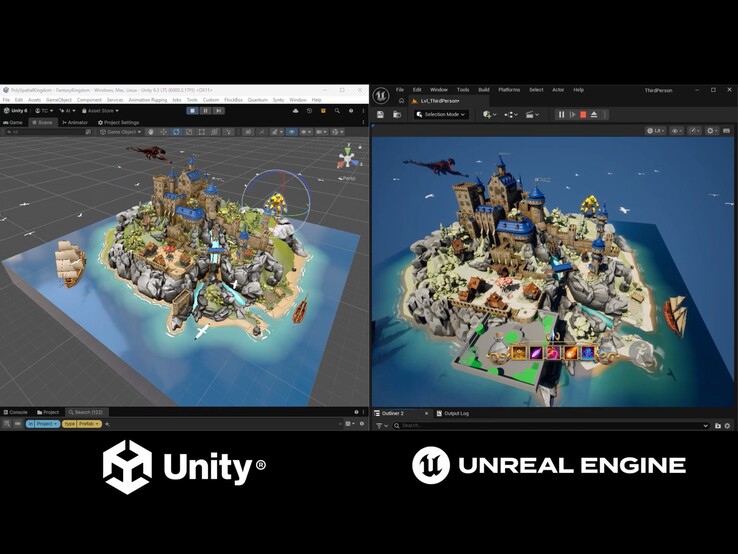 La demostración compara el proyecto «Fantasy Kingdom» ejecutándose en el editor de Unity con la versión renderizada por Unreal Engine.