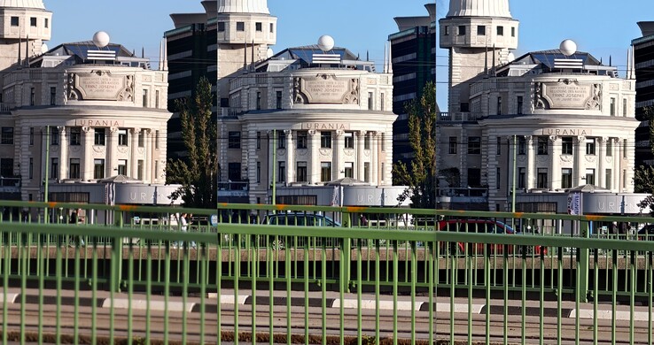 comparación de recortes con zoom 10x: Izquierda: Oppo con objetivo externo. Centro: Vivo sin lente externa. Derecha: Oppo sin lente externa.