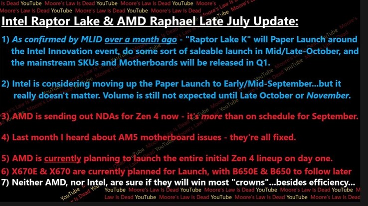 MLID filtra información sobre Raptor Lake y la fecha de lanzamiento del Zen 4. (Fuente: MLID)