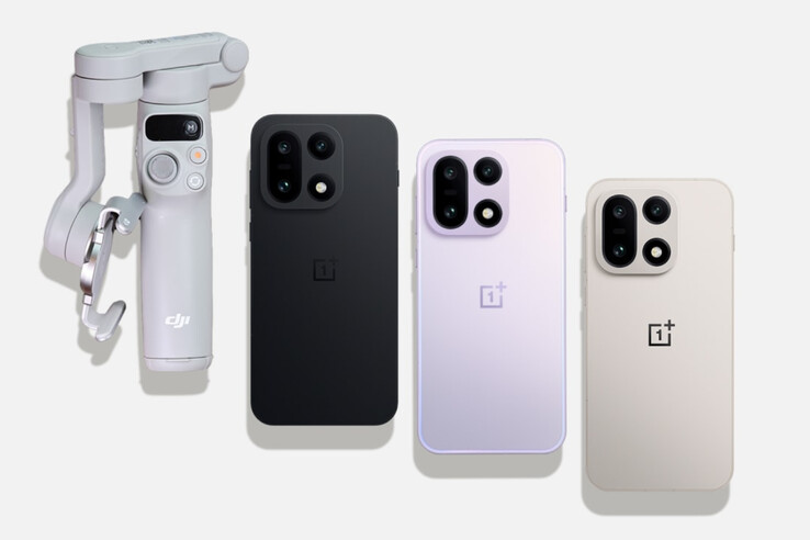 El OnePlus 15 en sus tres colores de lanzamiento mundial con un DJI Osmo Mobile 7. (Fuente de la imagen: OnePlus)