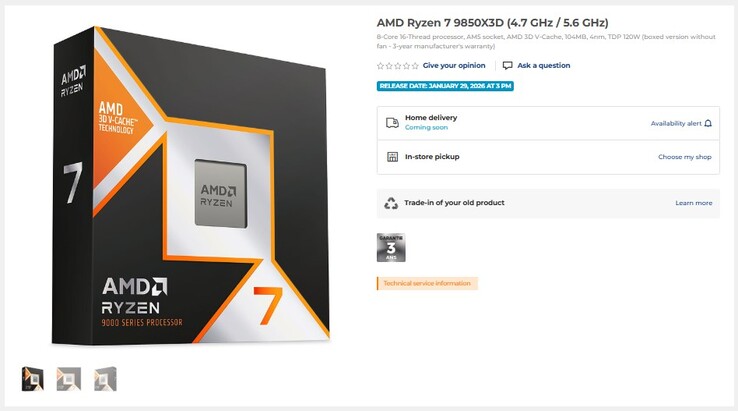 Listado del Ryzen 7 9850X3D. (Fuente de la imagen: LDLC)