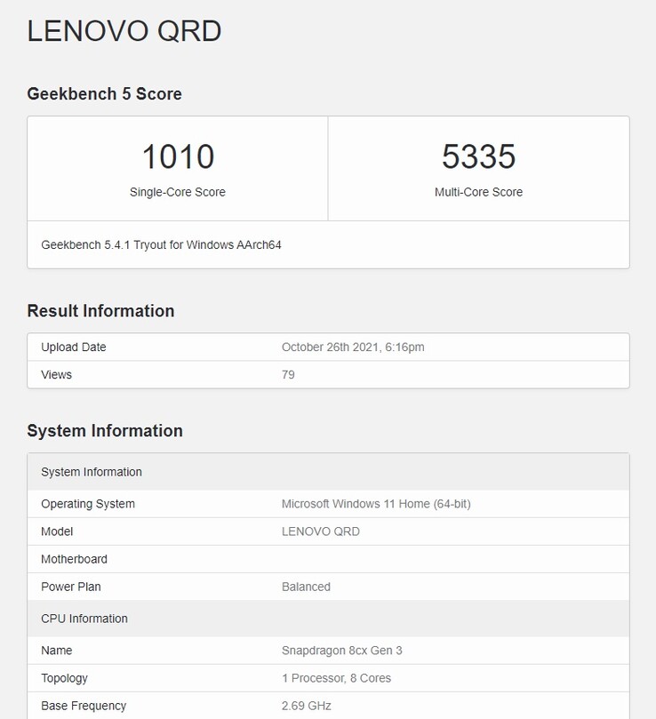 Un QRD basado en las características del 8cx Gen 3 en Geekbench, de nuevo. (Fuente: Geekbench)