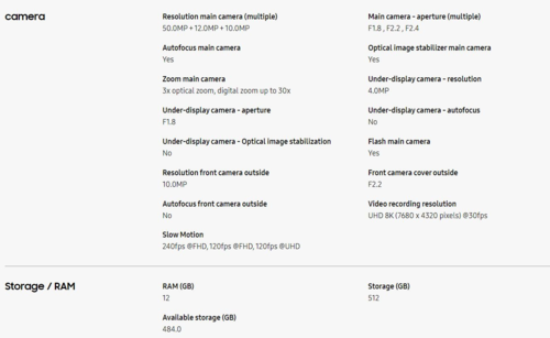 Galaxy Especificaciones de la cámara y el almacenamiento del Z Fold 6 (imagen vía Samsung)
