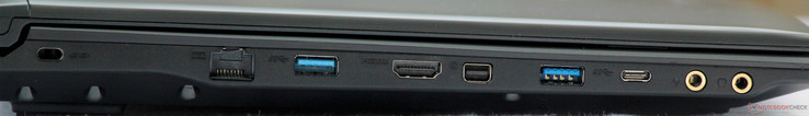 Left: Kensington lock, Ethernet, USB 3.0, HDMI 2.0, mini-DisplayPort 1.4, USB 3.0, USB 3.1 Gen 1 Type-C, mic in, audio out