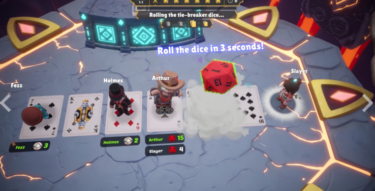 Partida multijugador de «One Last Hand» en la que se muestran las cartas y se lanza un dado para desempatar.