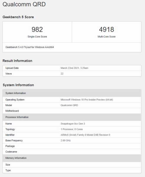 El Snapdragon 8cx Gen 3 parece haber sido evaluado en un dispositivo Qualcomm Reference Design. (Fuente de la imagen: Geekbench)
