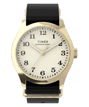 Timex Weekender New England TW2Y86600, con una caja dorada de 34 mm, esfera color crema y correa de piel negra.