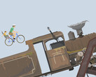 Juego de Happy Wheels en el que se muestra a un padre y a su hijo montando en bicicleta hacia una gran locomotora en una pista de obstáculos creada por un usuario.