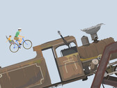 Juego de Happy Wheels en el que se muestra a un padre y a su hijo montando en bicicleta hacia una gran locomotora en una pista de obstáculos creada por un usuario.