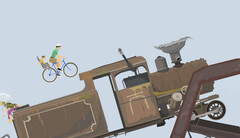 Juego de Happy Wheels en el que se muestra a un padre y a su hijo montando en bicicleta hacia una gran locomotora en una pista de obstáculos creada por un usuario.