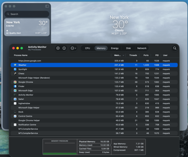 La aplicación «Tiempo» de Apple en macOS utiliza menos de 250 MB de RAM.